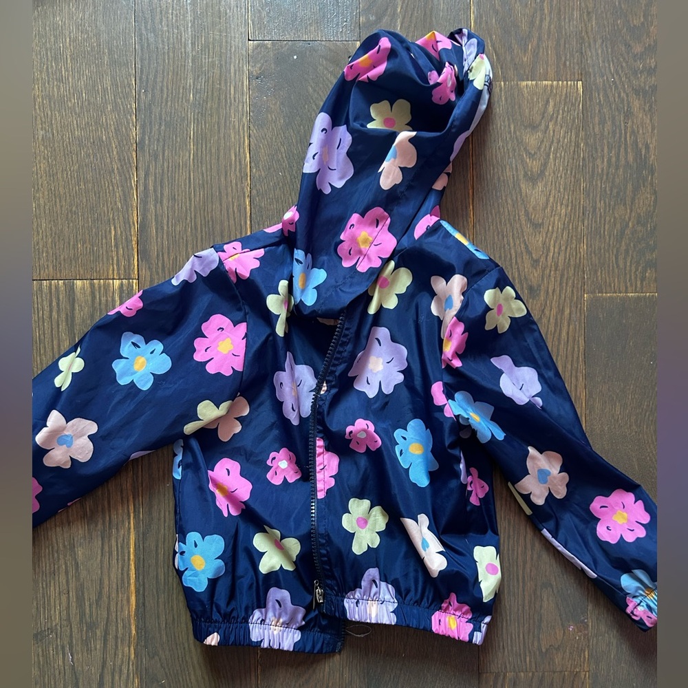 Kids Floral Hooded Rain Jacket - Navy with Multicolor Flowers